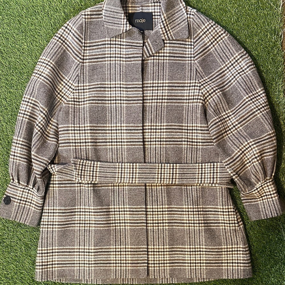Maje Black and White Plaid Trench Coat